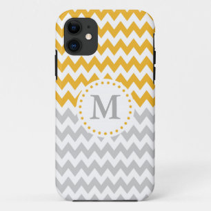 Modern Yellow Grey Monogrammed Chevron iPhone 11 Case