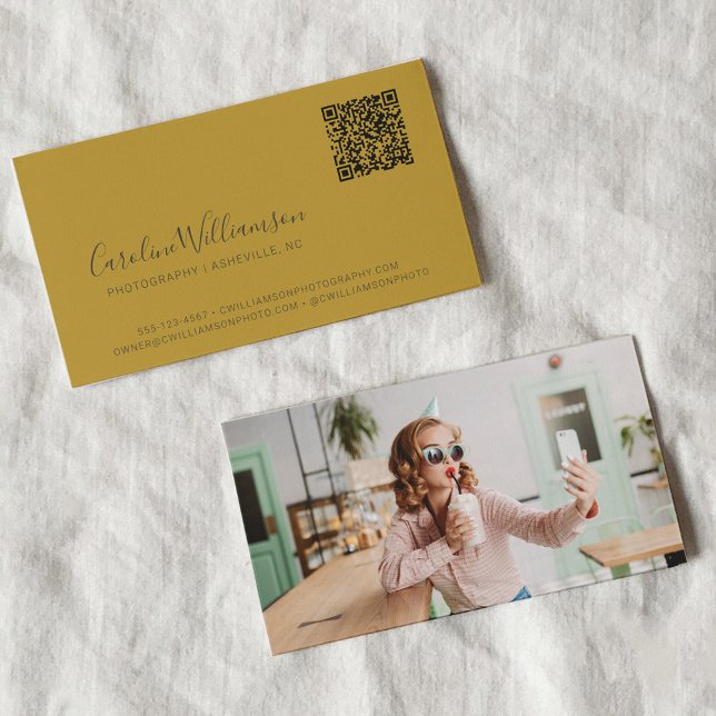 Modern Yellow Grey Script Photo QR Code Custom Business Card (Creator Uploaded)