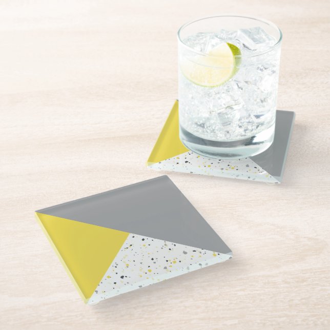 Modern Yellow Grey Terrazzo Glass Coaster (Angled)