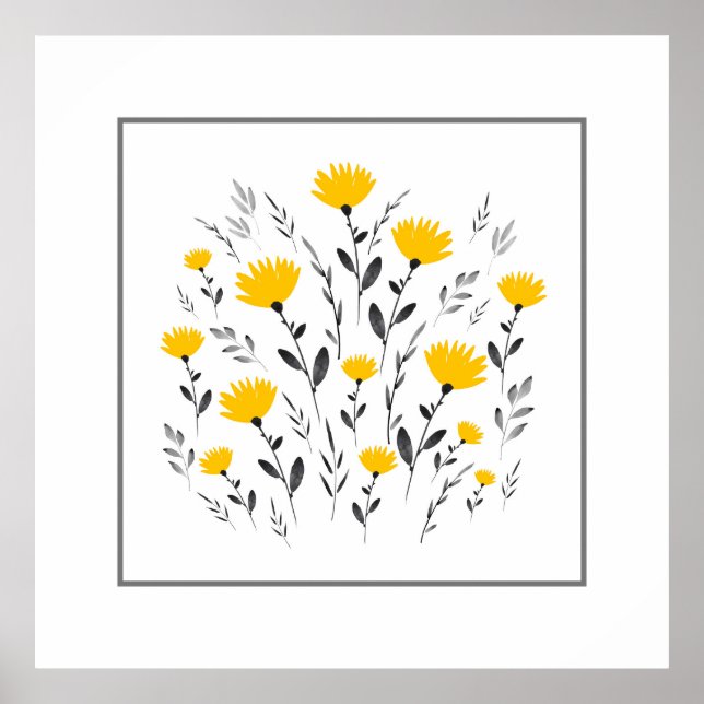 Modern Yellow Grey Watercolor Floral Motif   Poster (Front)