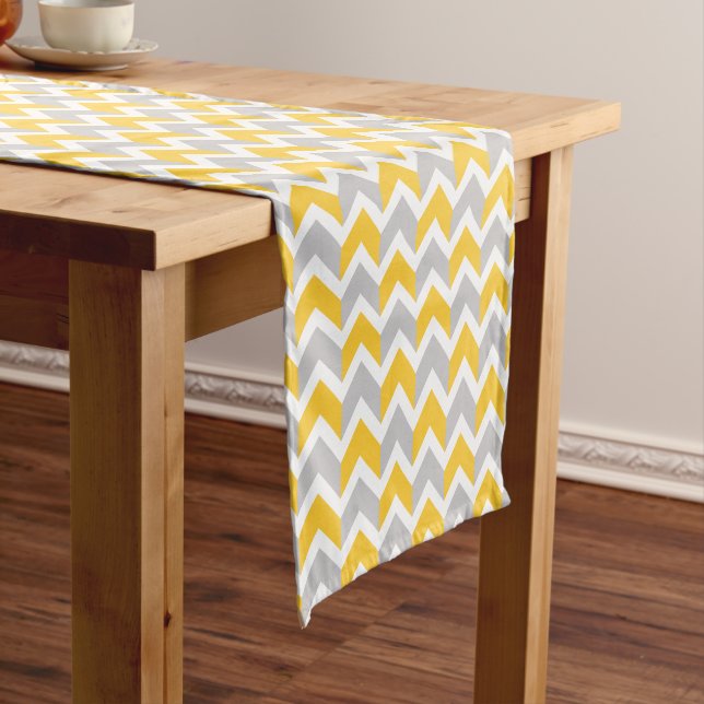 Modern Yellow Grey White Chevron Pattern Short Table Runner (In Situ)