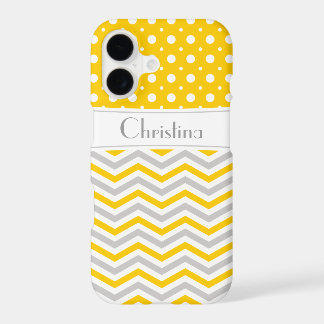 Modern yellow, grey, white chevron & polka dot