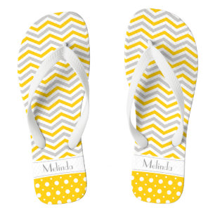 Modern yellow, grey, white chevron & polka dot thongs