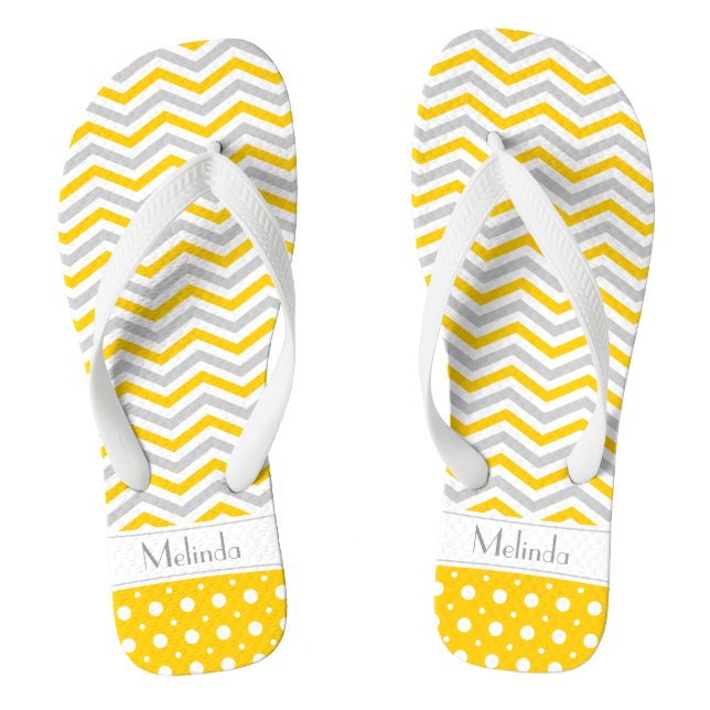Modern yellow, grey, white chevron & polka dot thongs (Footbed)