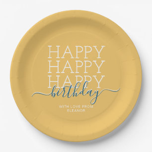 Modern yellow Happy Birthday Paper Plate