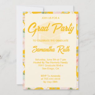 Modern Yellow Ivory Floral Graduation Party Invitation