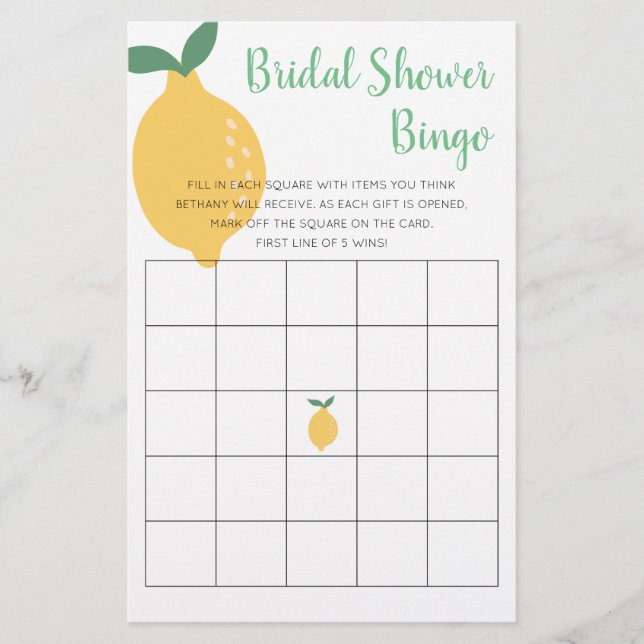Modern Yellow Lemon Bridal Shower Bingo Game (Front)