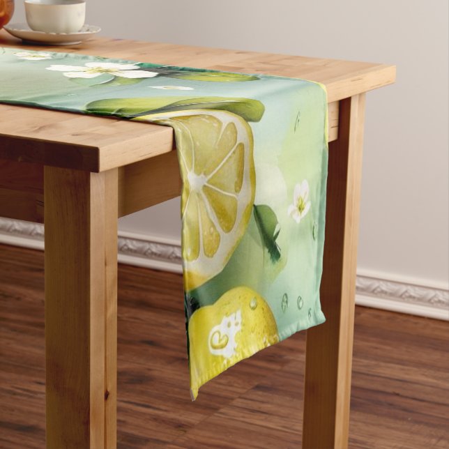 Modern yellow lemon floral script bridal shower short table runner (In Situ)