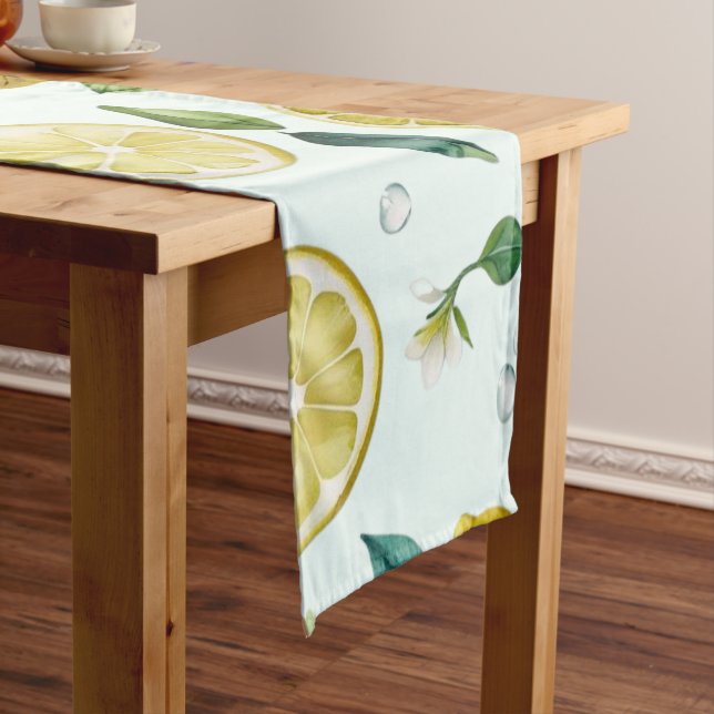 Modern yellow lemon floral script bridal shower short table runner (In Situ)