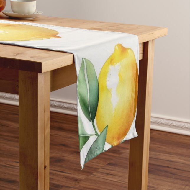 Modern yellow lemon floral script bridal shower short table runner (In Situ)