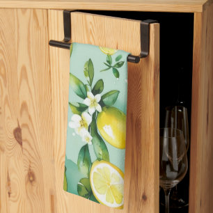Modern yellow lemon floral script bridal shower tea towel