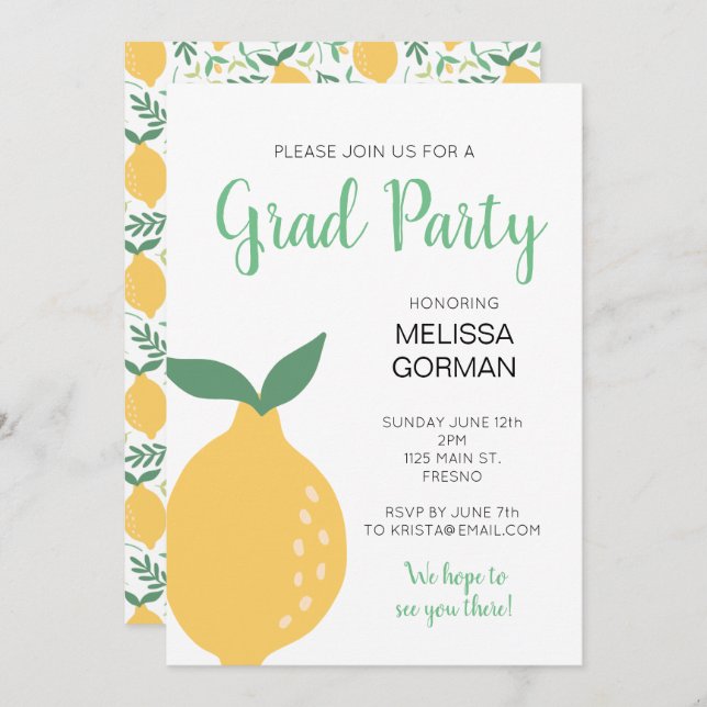 Modern Yellow Lemon Grad Party Invitation (Front/Back)