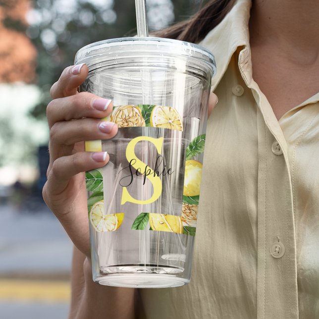 Modern Yellow Lemons Frame & Leaves With Name Acrylic Tumbler (Creator Uploaded)
