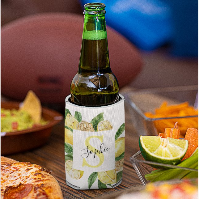 Modern Yellow Lemons Frame & Leaves With Name Can Cooler (Creator Uploaded)