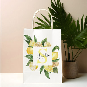 Modern Yellow Lemons Frame & Leaves With Name Large Gift Bag