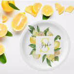Modern Yellow Lemons Frame & Leaves With Name Paper Plate<br><div class="desc">Modern Yellow Lemons Frame & Leaves With Name</div>