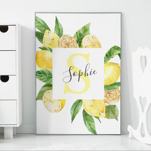 Modern Yellow Lemons Frame & Leaves With Name Poster