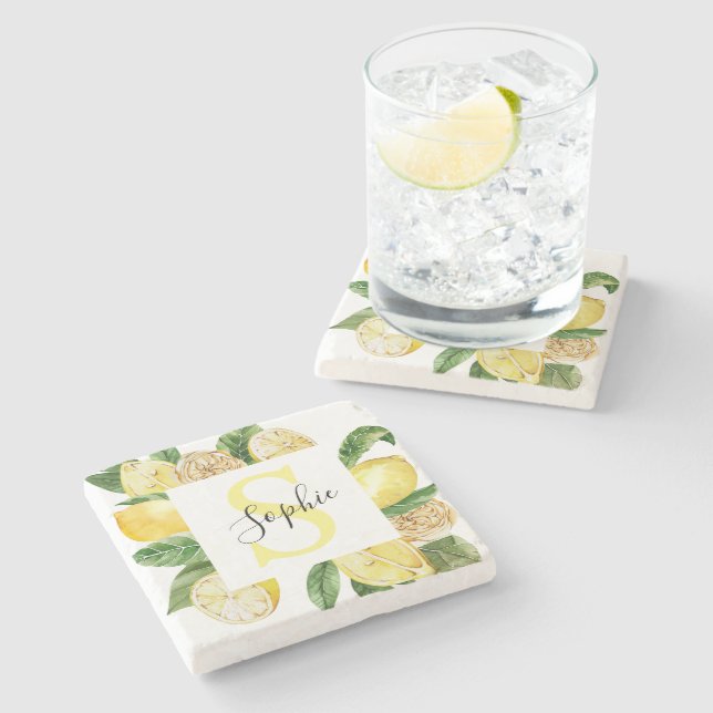 Modern Yellow Lemons Frame & Leaves With Name Stone Coaster (Side)
