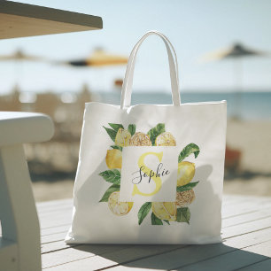 Modern Yellow Lemons Frame & Leaves With Name Tote Bag