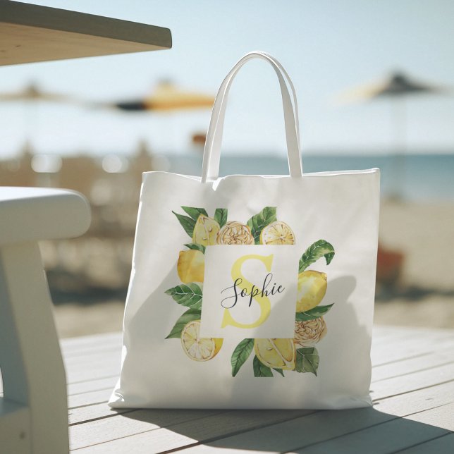 Modern Yellow Lemons Frame & Leaves With Name Tote Bag (Creator Uploaded)