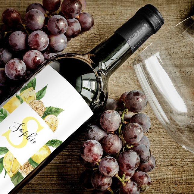 Modern Yellow Lemons Frame & Leaves With Name Wine Label (Creator Uploaded)