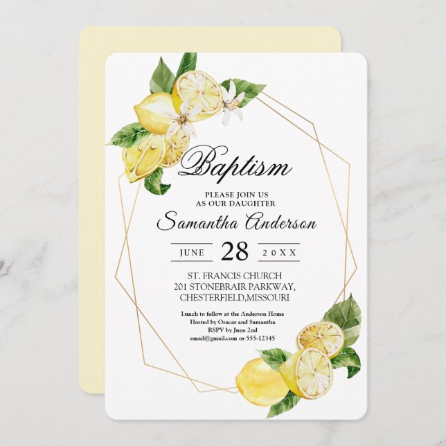 Modern Yellow Lemons & Gold Frame Beauty Invitation (Front/Back)