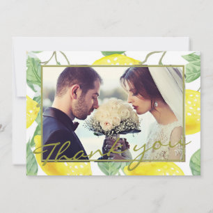 Modern Yellow Lemons & Green Foliage Wedding Photo Thank You Card
