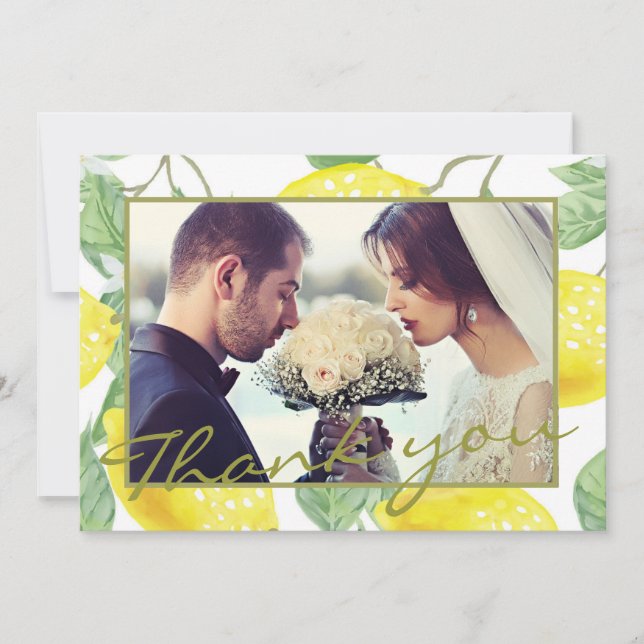 Modern Yellow Lemons & Green Foliage Wedding Photo Thank You Card (Front)