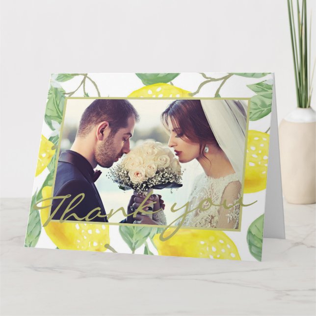 Modern Yellow Lemons & Green Foliage Wedding Photo Thank You Card (Front)