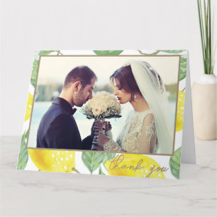 Modern Yellow Lemons & Green Foliage Wedding Photo Thank You Card