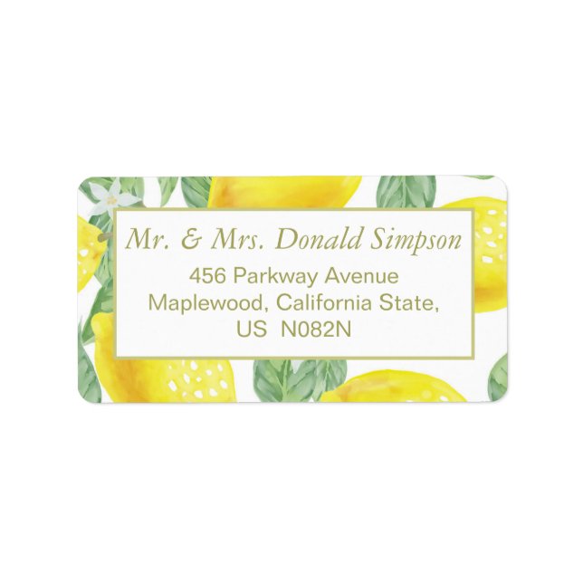 Modern Yellow Lemons Green Leaves Wedding Address Label (Front)