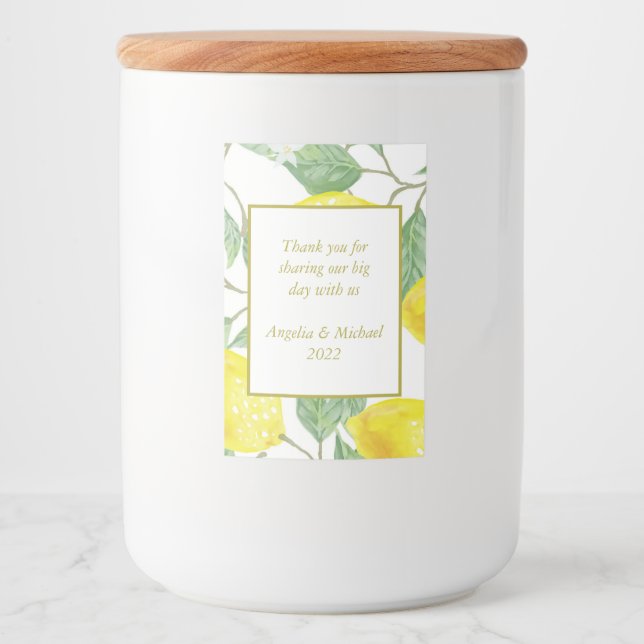 Modern Yellow Lemons Green Leaves Wedding Food Label (Front)