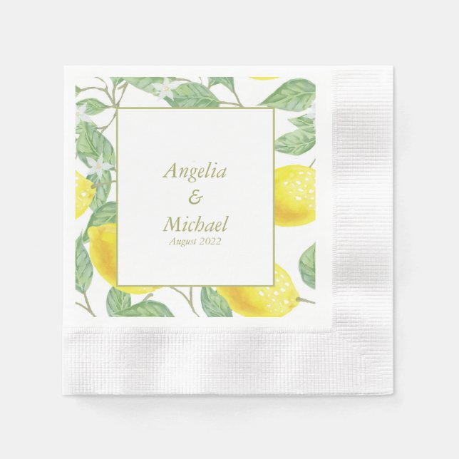 Modern Yellow Lemons Green Leaves Wedding Napkin (Front)