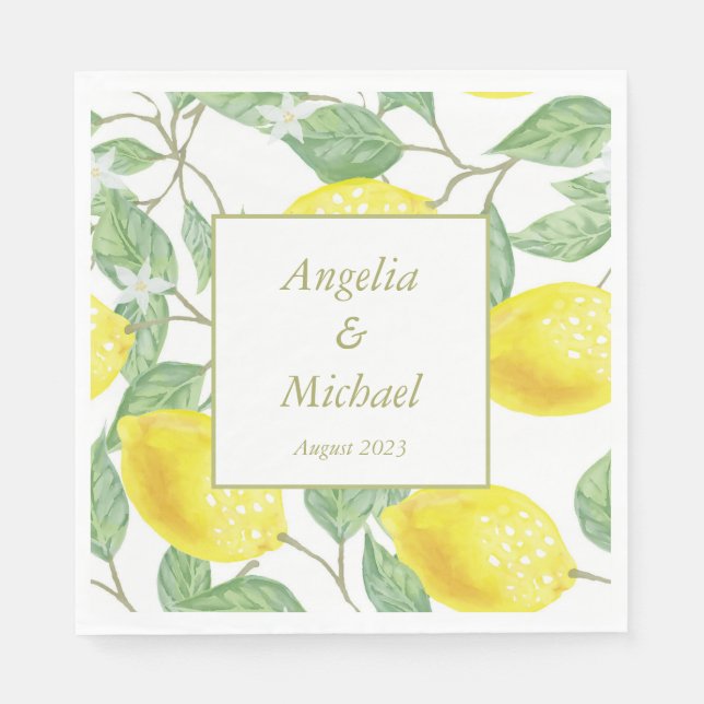 Modern Yellow Lemons Green Leaves Wedding Napkins (Front)