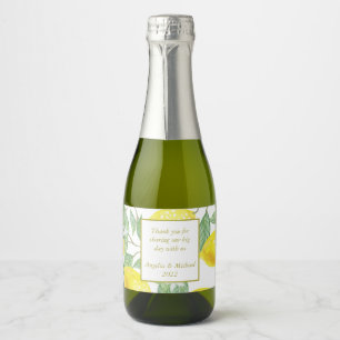 Modern Yellow Lemons Green Leaves Wedding Sparkling Wine Label