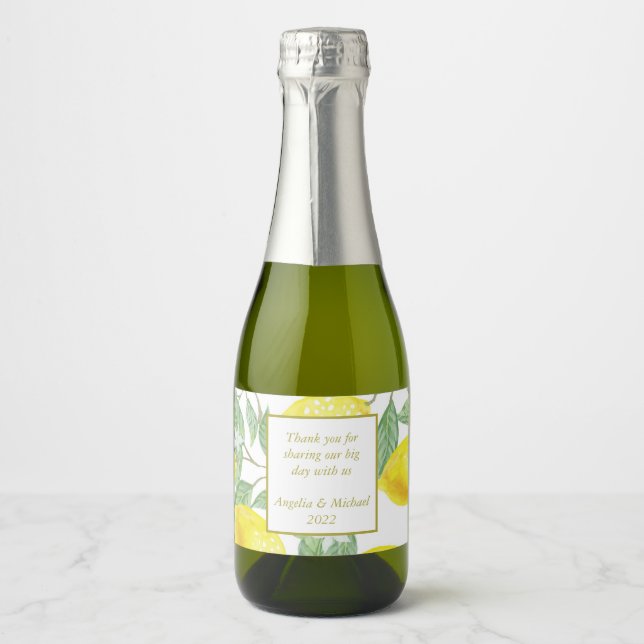 Modern Yellow Lemons Green Leaves Wedding Sparkling Wine Label (Front)