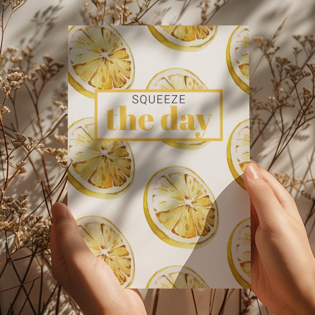Modern Yellow Lemons Pattern & Squeeze The Day Holiday Card (Creator Uploaded)
