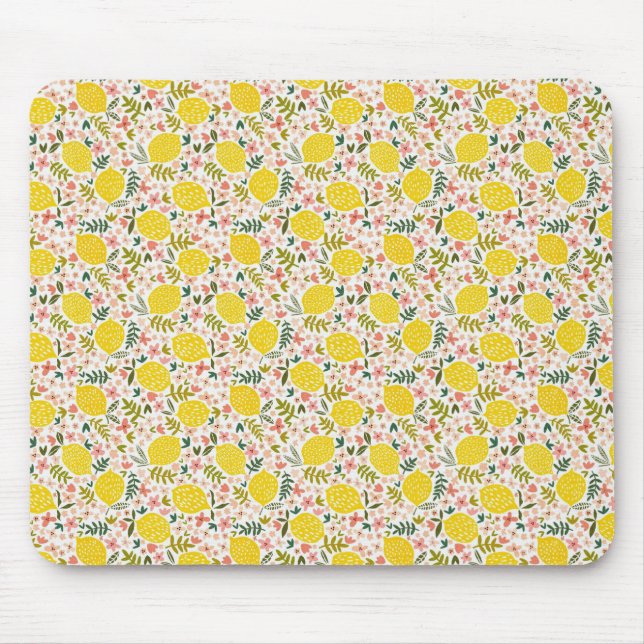 Modern Yellow Lemons with Pink Floral Mouse Pad (Front)