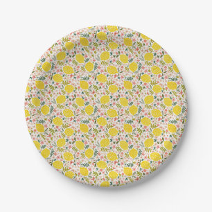 Modern Yellow Lemons with Pink Floral Paper Plate