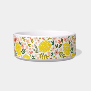 Modern Yellow Lemons with Pink Floral Pet Bowl