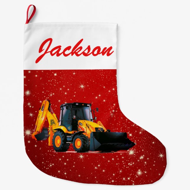 Modern Yellow Loader Tractor on Red Large Christmas Stocking (Front)