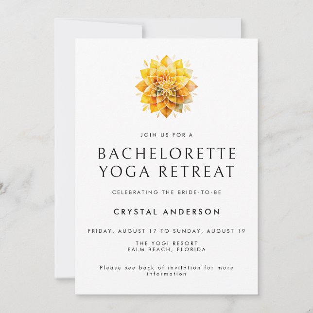 Modern Yellow Mandala Bachelorette Yoga Retreat Invitation (Front)