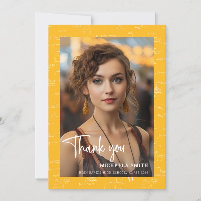 Modern Yellow Math Script Photo Graduation  Thank You Card (Front)