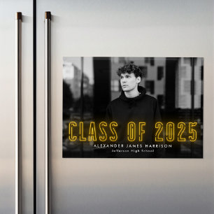 Modern Yellow Neon Class of 2025 Photo Graduation Magnetic Invitation