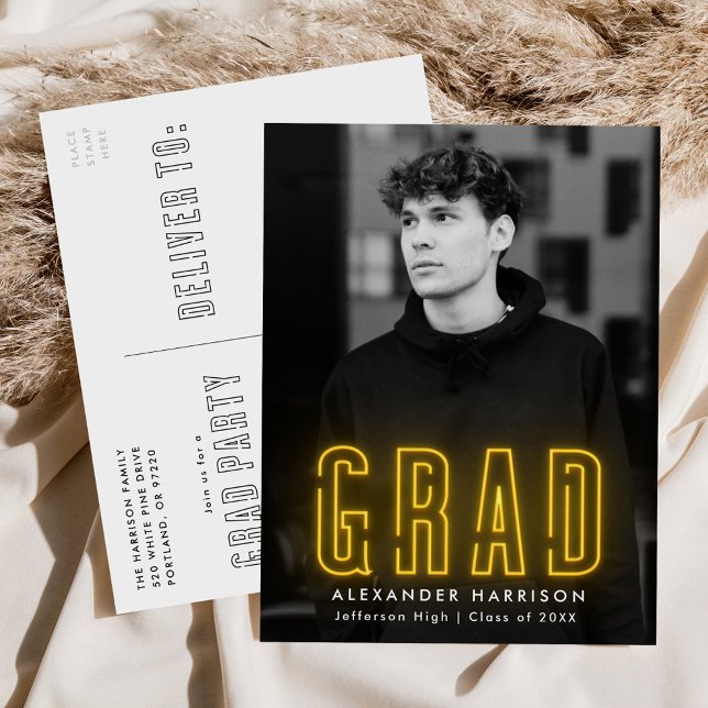 Modern Yellow Neon Photo Graduation Party Invitation Postcard (Creator Uploaded)