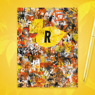 Modern Yellow Orange Abstract Painting Monogram Postcard
