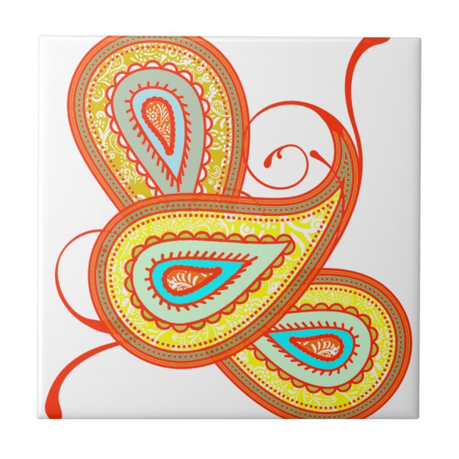 Modern Yellow Orange Aqua Mint Paisley Gifts Ceramic Tile (Front)