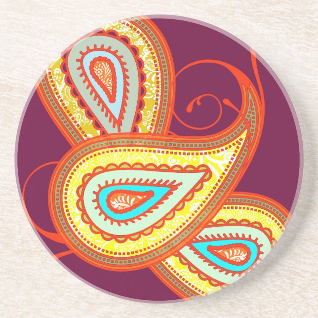 Modern Yellow Orange Aqua Mint Paisley Gifts Coaster (Front)