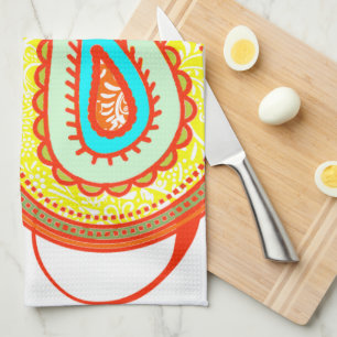 Modern Yellow Orange Aqua Mint Paisley Gifts Tea Towel