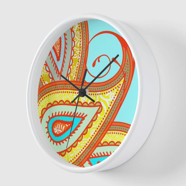 Modern Yellow Orange Aqua Mint Paisley Gifts Wall Clock (Angle)